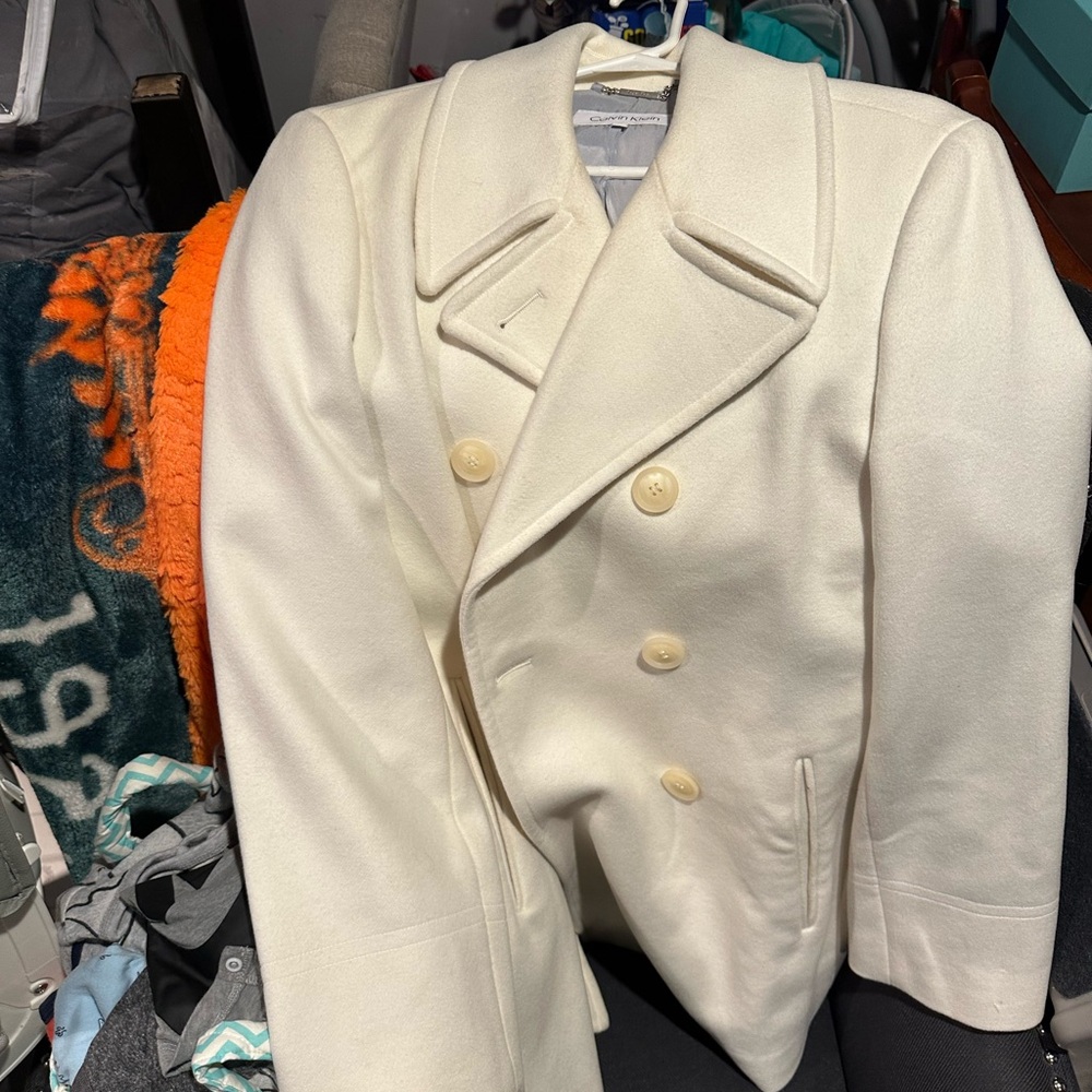 Calvin Klein White Pea Coat with Wide Lapel